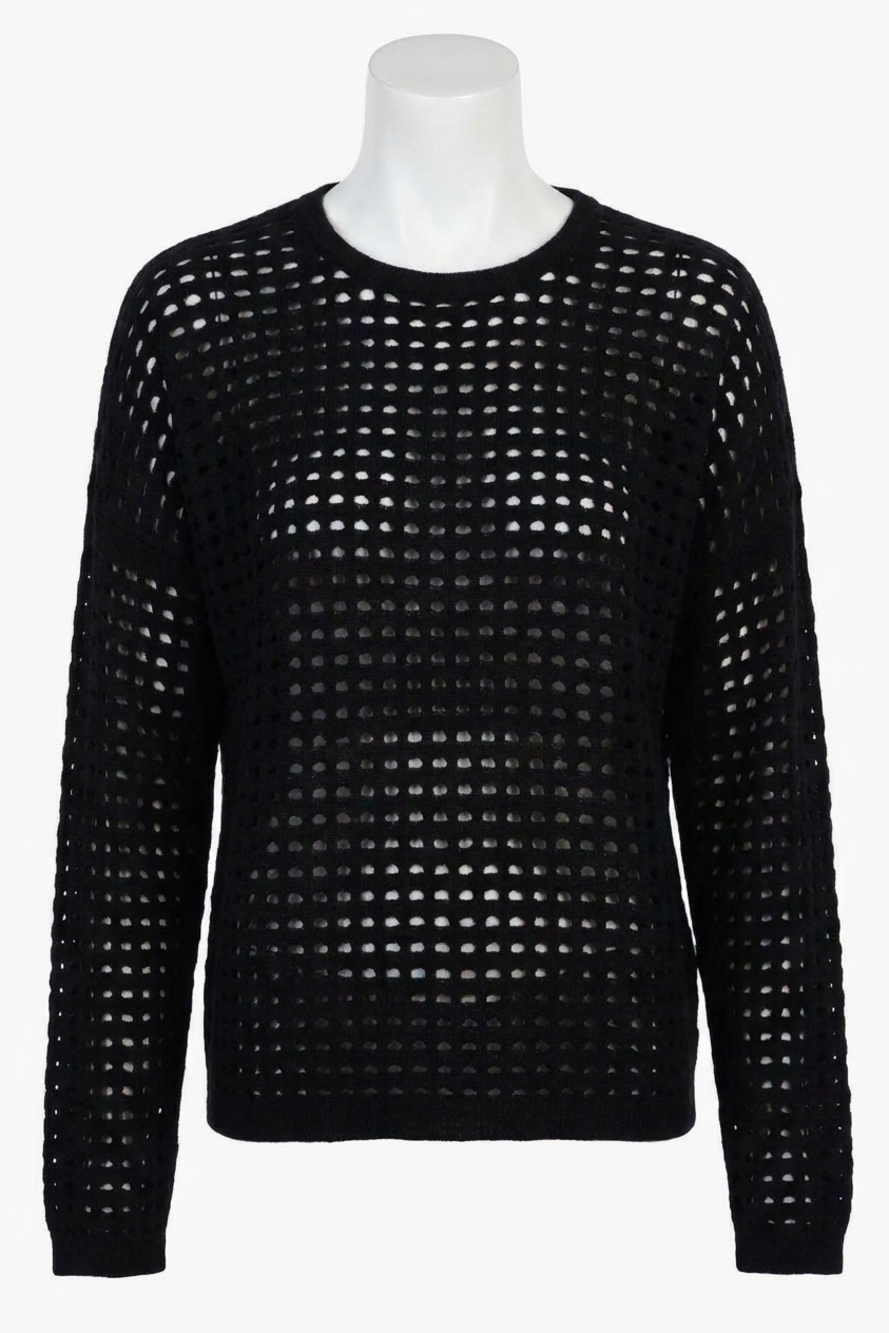 NEW MINNIE ROSE cashmere open novelty stitch boxy pullover sweater in black